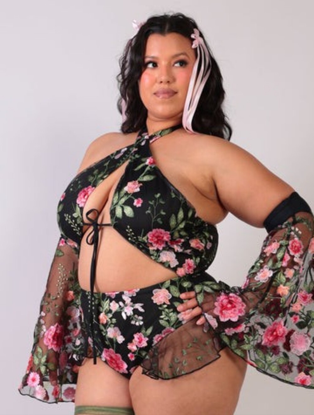 iHeartRaves | Forest Nymph Floral Embroidered Tulle/Mesh Halter Bodysuit, EUC!